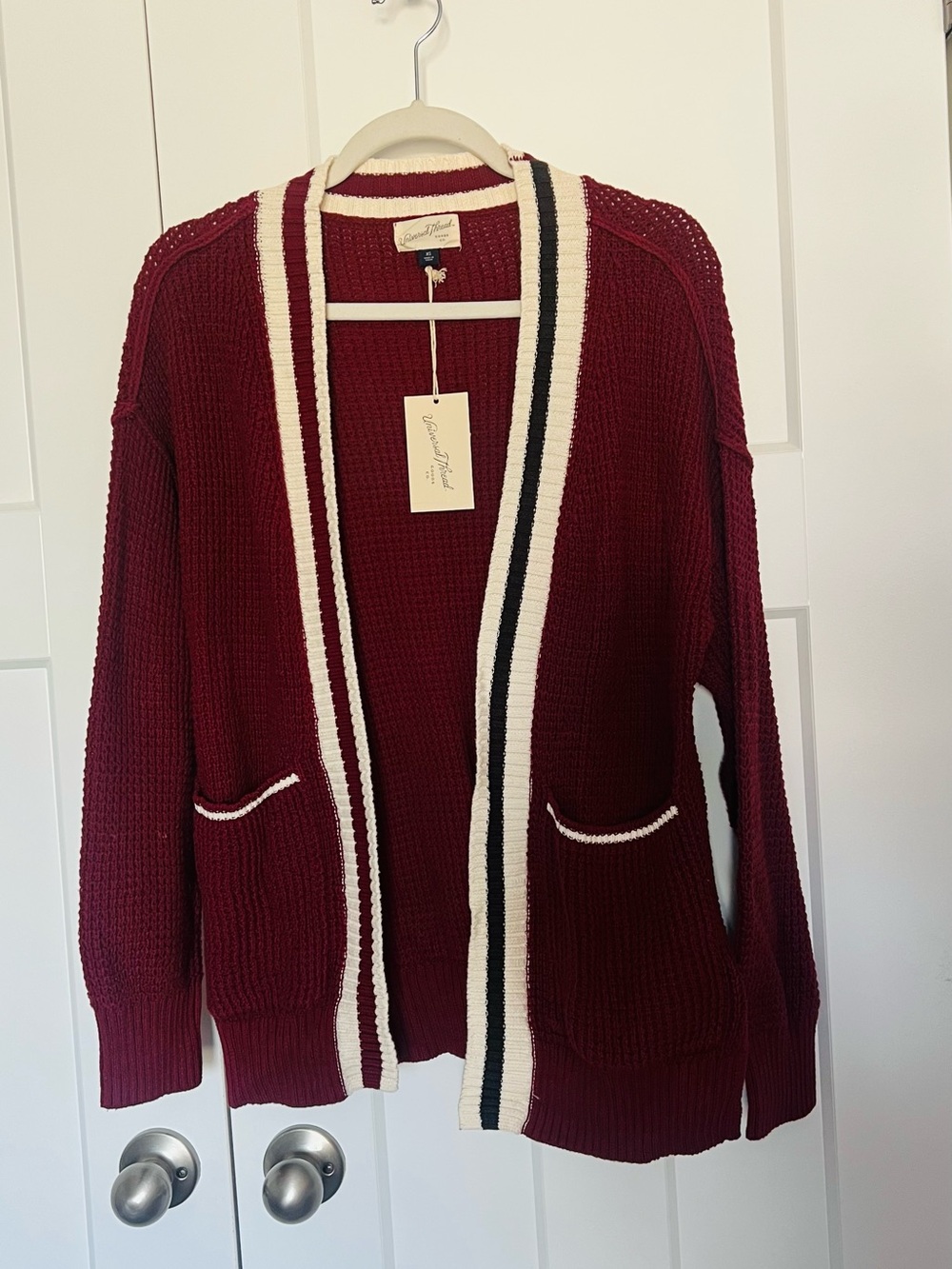 Universal Thread Maroon Open-Front Cardigan with Cream & Black Trim